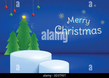 Merry Christmas Webbanner Hintergrund. Zwei Podien mit Weihnachtsbaum, Ball und Schneeflocken auf blauem Hintergrund. Vektorabbildung. Stock Vektor