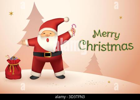 Weihnachtsmann mit Geschenktüte auf beigefarbenem Hintergrund. Realistische 3D-Zeichentrickfigur. Frohe Weihnachten Vektor-Illustration. Stock Vektor