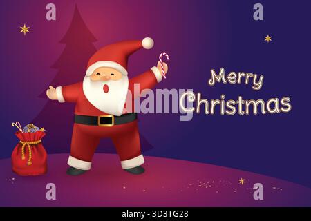 Weihnachtsmann mit Geschenktüte auf lila Hintergrund. Realistische 3D-Zeichentrickfigur. Frohe Weihnachten Vektor-Illustration. Stock Vektor