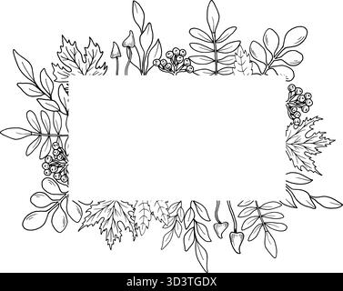 Horizontaler Rahmen mit Ahornblättern, vogelbeeren und Pilzen. Handgezeichnete botanische Vektor-Illustration. Schwarze Strichgrafik. Herbstgarten Stock Vektor