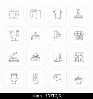 Hochwertige Sammlung von 16 Thin Line Vektorsymbolen für Toiletten, akribisch gefertigt in 256 x 256 Display perfekte Auflösung für überragende visuelle Wirkung. Stock Vektor