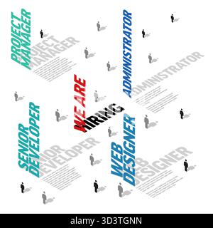 Wir sind ein Flyer mit stilisiertem Text für verschiedene Aufgabenbereiche wie Projektmanager, Administrator, Senior Developer und Web Designer. Wir Sind Hiri Stock Vektor