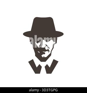 Detective Spion Mann Logo Vektor Illustration Gesicht mit Fedora Hut. Stock Vektor