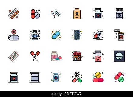 Eine übersichtliche Sammlung von 24 Zeilen gefüllten Vektorsymbolen, die Drugstore repräsentieren, im hochauflösenden PIXEL-Perfect-Format für moderne Dashboards und i entwickelt Stock Vektor