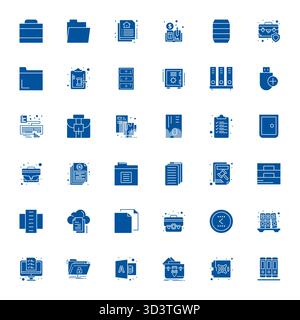 Zukunftsweisendes Paket mit 36 Vektorsymbolen rund um Dokumente, das ein ausgefülltes Design mit 64x64-Raster für innovative Benutzeroberflächen bietet. Stock Vektor