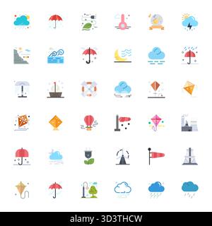 Professionell gestaltete 36-Vektorsymbole in Flat, die das Wesen des Windes mit hoher Auflösung in Gitterform einfangen und die Präzision für das UI-Design anpassen. Stock Vektor