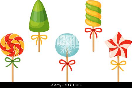 Set mit fünf Weihnachtslutschen. Swirl, Weihnachtsbaum, Schneeflocke, verdrehter Stock und Stern, jedes mit Band. Bunte Illustration des flachen Vektors. Für saisonale Leckereien, Einladungen, Aufkleber und Dekor Stock Vektor