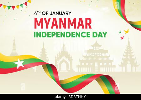 Die Flagge Der Republik Myanmar Winkt Auf Dem Hintergrund Der Skyline. Unabhängigkeitstag Konzept Design Vektor Illustration. Stock Vektor