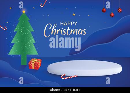 Weihnachtsfeierliches Verkaufs-Banner Auf Blauem Hintergrund. Themenkonzept Weihnachtsfest. Vektor-Illustration Für Rabattangebot Promotion, Grüße Stock Vektor