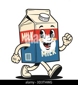 Vintage-Cartoon zeigt ein fröhliches Milchkarton-Maskottchen, das selbstbewusst mit einem hellen Lächeln geht und eine Daumen-up-Vektor-Design-Illustration gibt Stock Vektor