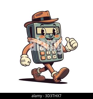 Eine fröhliche Comic-Figur im Retro-Stil im Taschenrechner geht und zeigt und verleiht Mathematik- und Finanzkonzepten einen verspielten und nostalgischen Touch Stock Vektor
