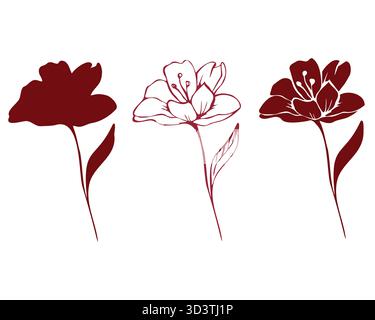 Set mit roten Blumenkonturen und Silhouetten Stock Vektor
