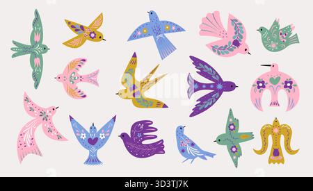 Vögel mit Verzierung. Blumenschmuck Vogel, fliegende dekorative Schwalbe, Taube oder Taube, Spatzen. Einfache Charaktere mit Blumen, Zweigen, heute Vect Stock Vektor