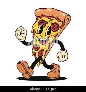 Fröhliche Retro-Cartoon-Pizzascheibe gehen, einladend mit offener Hand Vektor-Design-Illustration Stock Vektor