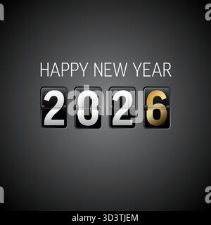 Feiern Sie das bevorstehende „Happy New Year 2026“ mit diesem stylischen Display mit geteilter Klappe. Die Grafik „Happy New Year 2026“ fängt das neue Jahr perfekt ein Stock Vektor