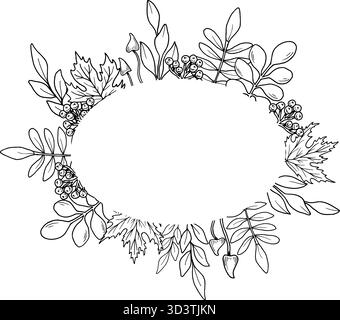 Ovaler horizontaler Rahmen mit Ahornblättern, vogelbeeren und Pilzen. Handgezeichnete botanische Vektor-Illustration. Schwarze Strichgrafik. Herbstgarten Stock Vektor