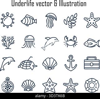 Sea Underlife – lebendiges Meeresökosystem mit Fischen, Korallen und Meerestiefen Stock Vektor