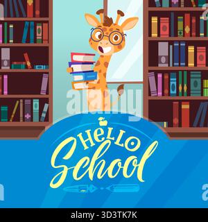 Giraffe. Hintergrundkonzept zurück in die Schule mit lustigen Tiergiraffen, die Bücher und Originalkunstwerke halten Stock Vektor