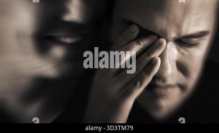 Bipolare Störung, Schizophrenie oder PTBS. Trauma oder Angst. Deprimierte Borderline-Persönlichkeit. Depression und Stimmungswandel eines Mannes. Psychische Gesundheit. Stockfoto