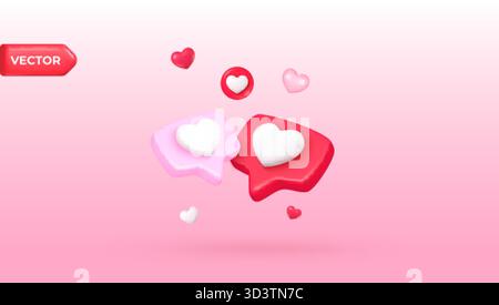 3D Heart Sprachblasen. Zwei Herz Liebe Chat Blase, Social Media Talk Message Emoji valentinstag Konzept romantische Kommentar Benachrichtigung rot rosa ico Stock Vektor