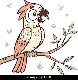 Farbenfroher Karikaturpapagei, der auf einem Baumzweig sitzt Stock Vektor