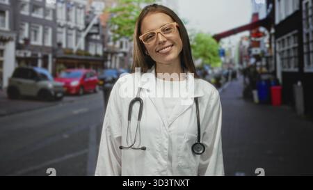 Frau Ärztin mit Stethoskop, Augen geschlossen und leichtes Lächeln auf der Straße in der Stadt; ruhiges Mitgefühl leise Stärke. Stockfoto