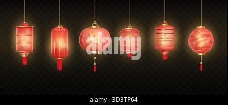 Realistische chinesische Laternen. Isolierte japanische Glühlampe auf transparentem Hintergrund, festliche Papierlampe Neujahr Geburtstagsparty Feier im Freien d Stock Vektor