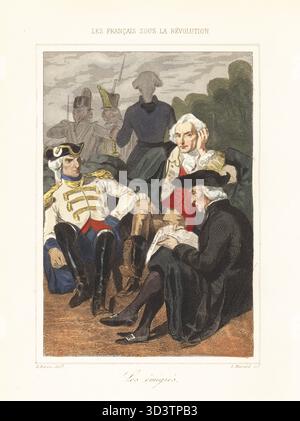 Adlige und Royalisten flüchteten während der Herrschaft des Terrors aus dem revolutionären Frankreich nach Koblenz. Ein Offizier in Uniform, ein Aristokrat und ein Mann in Schnallenschuhen, der eine Zeitung liest, ruht auf ihrem Gepäck auf der Straße. Les emigres. Handkolorierter Stahlstich von Leopold Massard nach einer Illustration von Henri Baron aus Augustin Challamel und Wilhelm Tenint's Les Francais sous la Revolution, die Franzosen unter der Revolution, Challamel, Paris, 1843. Stockfoto