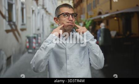 Ein Brillenträger steht spielerisch in einer malerischen Straße, umgeben von europäischer Architektur, und nimmt einen unbeschwerten Moment im Freien wahr. Stockfoto