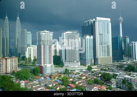 Kuala Lumpur, Malaysia - 2. November 2025: Petronas Twin Towers, KL Tower und Stadtgebäude unter dramatischen dunklen Wolken über dem Stadtviertel Stockfoto
