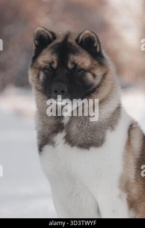 Nahaufnahme des Hundes Akita Inu mit dickem Pelzfell und ruhigem Ausdruck während der Wintersaison im Freien. Stockfoto
