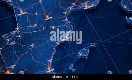 Barcelona MAP Big Data Visualisierung. Futuristische Karte Infografik der Stadt in Spanien. Komplexität visueller Kartendaten in modernen Blau- und Orange-Farben Stockfoto
