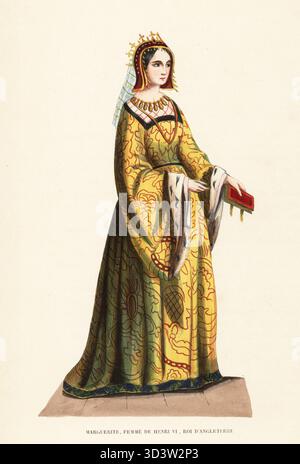 Margarete von Anjou, Königin von England für König Heinrich VI., 1430–1482. Mit Krone und Schleier, mit Perlen besetzt, reichem Kleid aus Gold, mit Hermelin gesäumt. Aus dem Wandteppich in der St. Mary's Guildhall, Coventry. Marguerite d'Anjou, Femme de Henri VI, reine d'Angleterre, XVe Siecle. Handkolorierter Holzschnitt nach Charles Hamilton Smith aus Jacques Joseph van Beverens Kostüm du Moyen Age, mittelalterliches Kostüm, Librairie Historique-Artistique, Brüssel, 1847. Stockfoto
