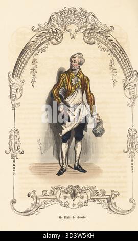 Kostüm eines Hofdieners aus dem 18. Jahrhundert. In gestreifter Jacke, großer Schürze, Reithose und Schnallenschuhen, mit Hutschachtel, Schuhen und Wasserabfluss. Le Valet de Chambre. Handkolorierter Stahlstich nach einer Illustration von Theophile Fragonard, in einer dekorativen Kartusche von Anne Modave, von Augustin Challamels Autrefois oder Le Bon Vieux Temps, Types de 18e Siecle, Challamel et Cie, 1842. Stockfoto