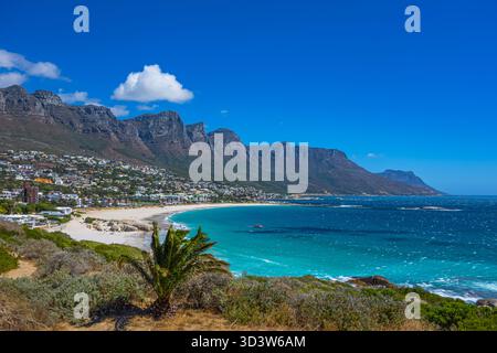 27. Januar 2013 - clifton, zwölf Apostel, kapstadt, Südafrika - Strand an einem sonnigen Tag mit blauem Himmel und zwölf Apostelbergen im Hintergrund Stockfoto