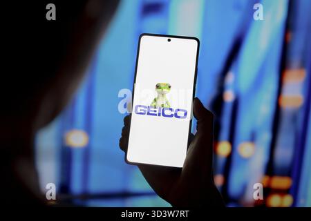 12. September 2024, Paraguay. In dieser Abbildung wird das Logo der Government Employees Insurance Company (Geico) auf einem Smartphone-Bildschirm angezeigt Stockfoto