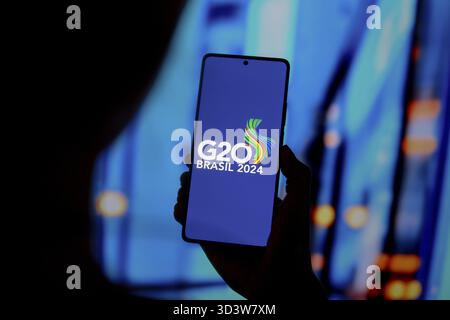 12. September 2024, Paraguay. In dieser Fotoabbildung ist das Logo des Gipfels G20 Rio de Janeiro 2024 (G20 Brasilien 2024) auf einem Smartphone-Bildschirm zu sehen Stockfoto