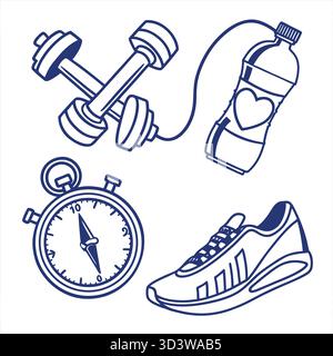 Fitness & Gym Symbol Set Hantel, Schuh, Herzfrequenz — Minimal Line Blue Vektor für Gesundheit Apps Trend 2025 Stock Vektor