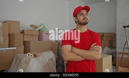 Hispanischer Kuriermann in rotem Hemd und Kappenarmen neben gestapelten Umzugskartons in einem Gebäude; Stolz. Stockfoto