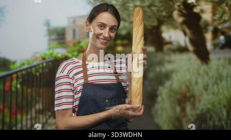 Frau lächelte, während sie Baguette mit Handschuhen auf der Straße vor dem Gebäude hielt und Schürze trug; freundlicher Bäckereiservice. Stockfoto