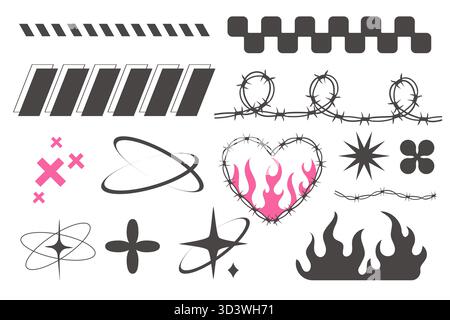 Trendiges Set mit geometrischen Elementen Y2K, Herz mit Flamme, Stacheldraht, Gittermuster. Retro-Designelemente in Pink und Grau. . Vektorabbildung Stock Vektor