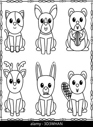 Niedliche Tierfiguren, Line Art. Katze, Hund, Hirsch, Kaninchen, Biber, und Bärenmalseite für Kinder und Erwachsene. Stock Vektor