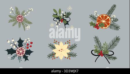 Set mit weihnachtlichen Blumenelementen. Handgezeichnete festliche Sträuße mit stechpalme, Zitrusfrüchten, Tannenzweigen und Weihnachtsstern Stock Vektor