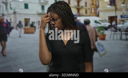 Frau mit geflochtenem Haar, die die Stirn mit den Fingern drückt, während sie auf einer belebten Straße in der Nähe von Gebäuden und einem weißen Van steht; Stress-Kopfschmerzen. Stockfoto