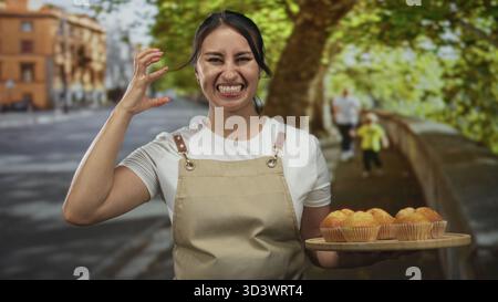 Bäckerin in Schürze hält hölzerne Muffins beim Grimmen und hebt Hand auf der Straße; Frustrationsfestigkeit. Stockfoto