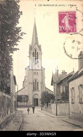 Dieses Bild aus Les Mureaux mit der Eglise und einer 20-Centime-Münze aus der Semeuse-Serie bietet einen Einblick in die französische numismatische und architektonische Geschichte des frühen 20. Jahrhunderts. Stockfoto