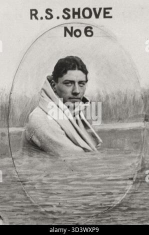 Ralph Shove während des Ruderrennens Oxford-Cambridge 1913, Teil des britischen Universitätsteams, das an dieser historischen Veranstaltung teilnahm und die intensive Rivalität zwischen Oxford und Cambridge demonstrierte. Stockfoto