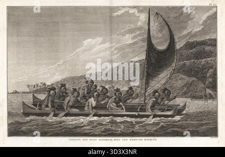 Hawaiianische Ruderer in Masken rudern ein Doppelhüllenkanu mit aufrechtem Latinensegel in einem Krabbenkrallenmast. Die zehn Ruderer tragen Kürbishelmmasken, die mit Farnwedel und Stoffstreifen verziert sind. Ein Mann hält ein geschnitztes Idol und ein anderer sprengt eine Muschelschale. Nordwestliche Seite der Kealakekua Bay. Pirogue des Isles Sandwich avec les rameurs Masques. Kupferstich unter der Regie von Robert Benard nach einer Illustration von John Webber aus der französischen Übersetzung von Captain James Cooks Third Voyage, Troisieme Voyage de Capitaine Cook, Hotel de Thou, Paris, 1785. Stockfoto