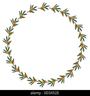 Ein zarter Vektorkranz aus handgezeichneten Sanddornzweigen mit leuchtenden Orangenbeeren und schmalen grünen Blättern, die einen natürlichen Kreislauf bilden Stock Vektor