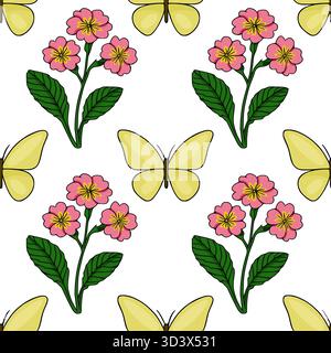 Nahtloses Vektormuster von zarten rosa Kerzenblüten und blassgelben Schmetterlingen auf einem weißen Hintergrund. Stock Vektor